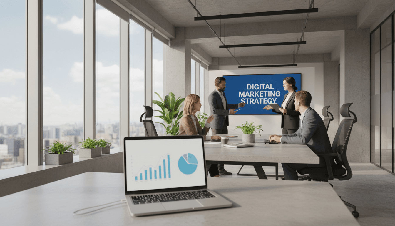Professional team collaborating on digital marketing strategy in modern office with laptop and notebooks