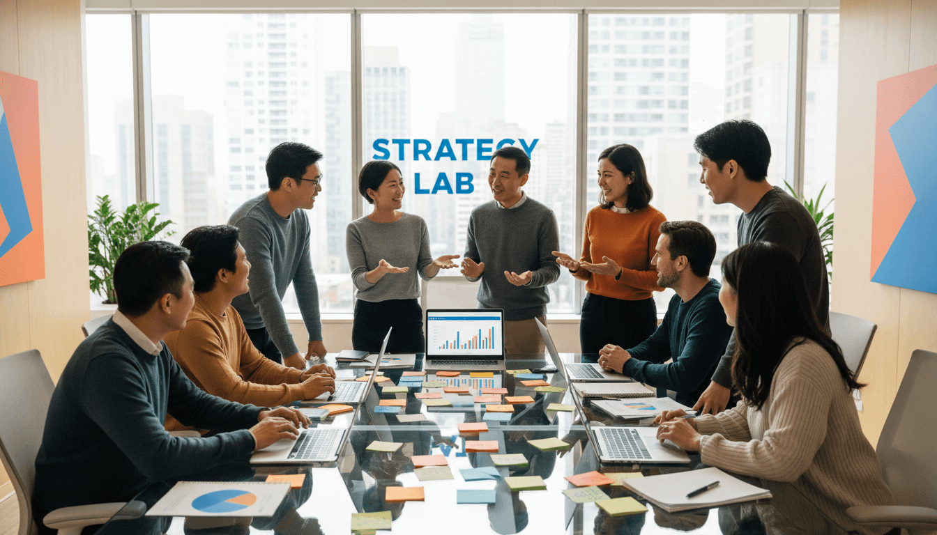 Digital marketing professionals working together on strategy and campaign development in a modern agency workspace