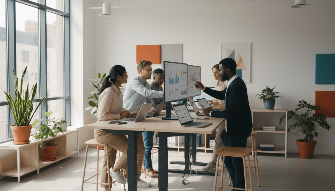 Digital marketing professionals collaborating at modern agency workspace